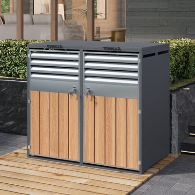 MIVRAY Containerombouw – Dubbele Klepdeksel Met Slot – 2 Vakken – Verzinkt Staal – Grijs Houtlook – Voor Buiten