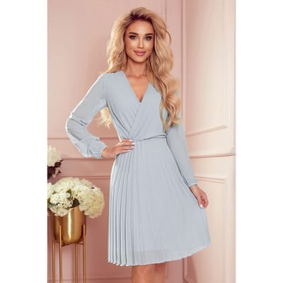 Elegant Pleats Chiffon Dress - Grey / XS