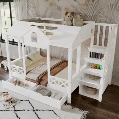 DESMIU Stapelbed 90x200 cm En 140x200 cm – Kinderbed Met Dak En Ramen – Met Kasttrap En 2 Laden – Voor Kinderkamer – Hout – Wit – Zonder Matras