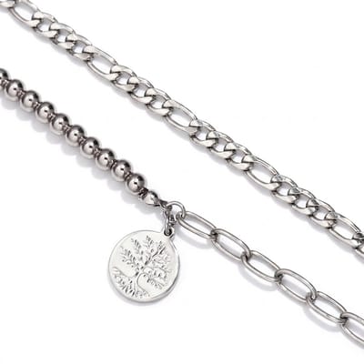 Set van 2 heren armbanden – zilverkleurige schakelarmband & kralenarmband met hanger – verstelbaar