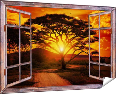 Gards Tuinposter Doorkijk Zonsondergang Achter een Savanne Boom - 180x120 cm - Tuindoek - Tuindecoratie - Wanddecoratie buiten - Tuinschilderij