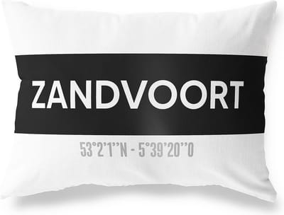 Tuinkussen ZANDVOORT - NOORD-HOLLAND met coördinaten - Buitenkussen - Bootkussen - Weerbestendig - Jouw Plaats - Studio216 - Modern - Zwart-Wit - 50x30cm