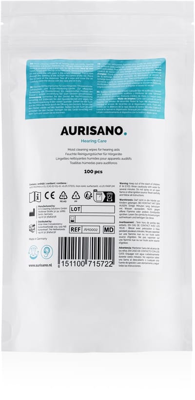 AURISANO Reinigingsdoekjes Gehoorapparaten – 100 stuks Navulling voor Dispenser – Verwijdert Vuil en Oorsmeer – 100% Biologisch Afbreekbare Vochtige Doekjes - Gecertificeerd voor het reinigen van hoortoestellen - Navulling voor AURISANO Dispenser