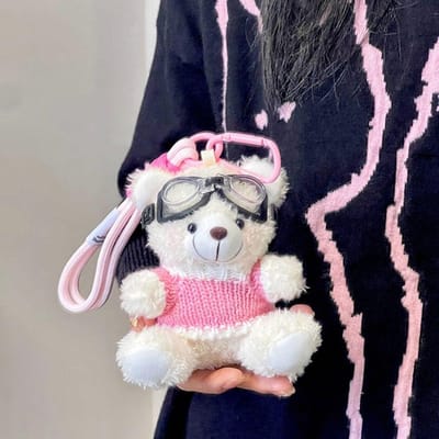 Porte-clés Kawaii Porte-clés Ours Pilote Peluche Pendentif Sac Porte-clés Peluche Mignon Dessin Animé Ornements de Sac white