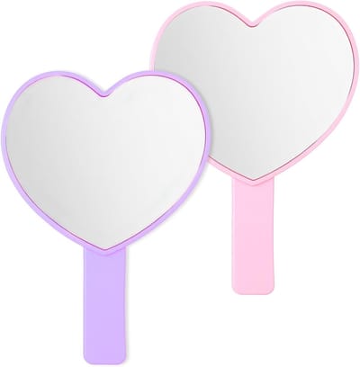 Handspiegel Set van 2, Hartvormige Mini Cosmeticaspiegels met Handvat, Ideaal voor Reizen en Decoratie, Perfect voor Vrouwen en Valentijnsdag (Roze, Paars)