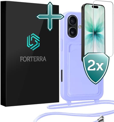 Hoesje Geschikt voor iPhone 17 Pashouder Case Siliconen Hoes Met Koord Met 2x Screenprotector - Hoes Geschikt voor iPhone 17 Met Telefoonkoord Hoesje Back Cover Met Pasjeshouder - Lila