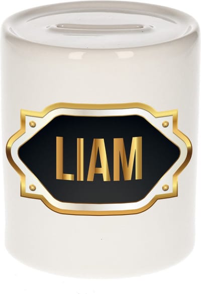 Spaarpot met voornaam Liam - wit - met goud/zwart embleem - 8 x 9 cm - keramiek - met afsluitdop - cadeau verjaardag