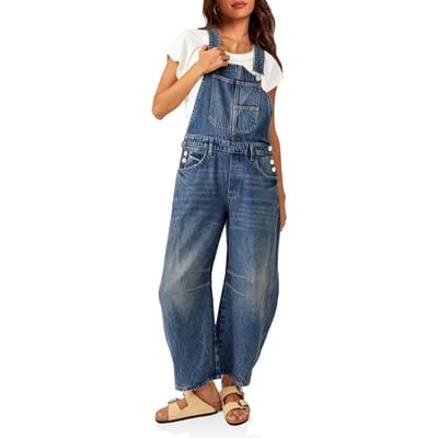 Dames Spijker Tuinbroek Barrel Leg Wijde Jean Jumpsuit Met Zakken S blauw