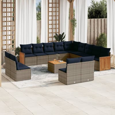 vidaXL - 14-delige - tuinbankset - met - kussens, - grijs - polyrotan