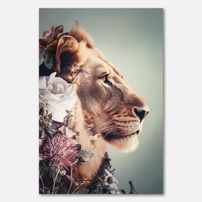 Poster op papier - 40 x 60 cm - Leeuw met bloemenkrans in profiel - PosterJunkie