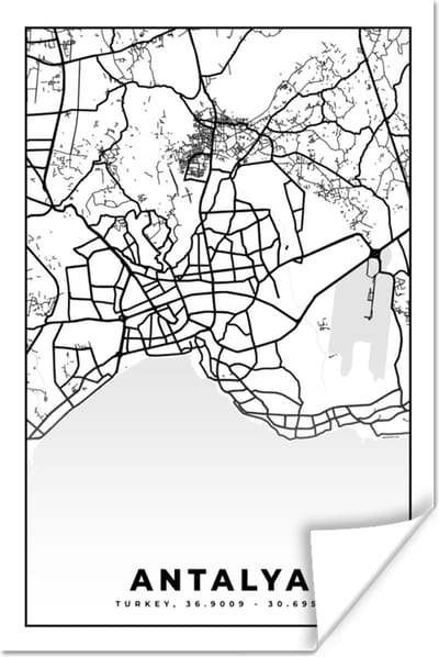 Poster Antalya - Stadskaart - Plattegrond - Zwart Wit - Kaart - 120x180 cm XXL