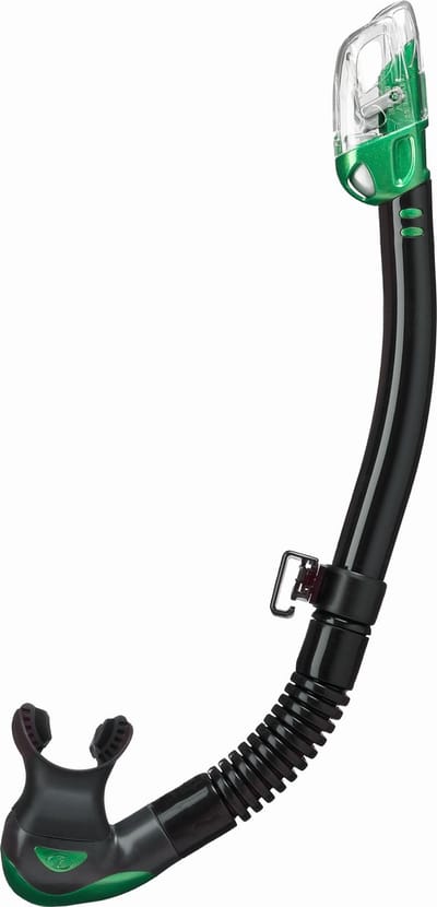 TUSA Hyperdry Elite II – Premium snorkel met droogtop systeem en hypoallergene siliconen mondstuk – Zwart/Lichtgroen – SP0101QB EG