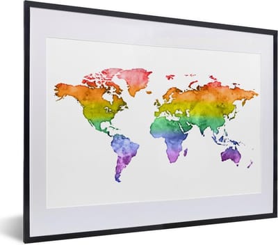 Poster in lijst - Fotolijst 40x30 cm - Posters - Wereldkaart - Pride vlag - Waterverf - Posterlijst zwart - Decoratie - Wanddecoratie woonkamer - Muurdecoratie slaapkamer