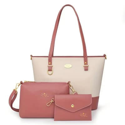 Bovista Handtas Dames - Schoudertas - School - Shopper - Schooltas - Werktas - 3-Delige Set - Wit/Roze