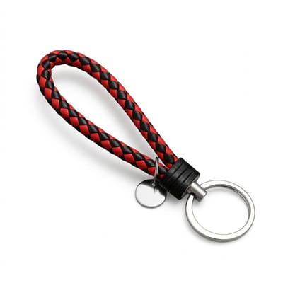 Zwart rood gevlochten PU leren sleutelhanger met metalen sleutelring – sleutelhanger voor dames en heren – tweekleurige keychain met gevlochten lus en zilverkleurige ring