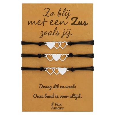 Vriendschapsarmbandjes voor 3 "Zo blij met een zus zoals jij" - Hartjes - Sisters Armbandjes met Cadeau Kaartje - Zilverkleurig - Elastisch Verstelbaar - Pax Amare