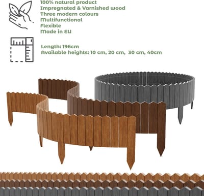 BOGATECO Rollborder houten latten | 10 cm hoog en 200 cm lang | Houten hek | Houten hekwerk Perfect als perkenborder | Bruin