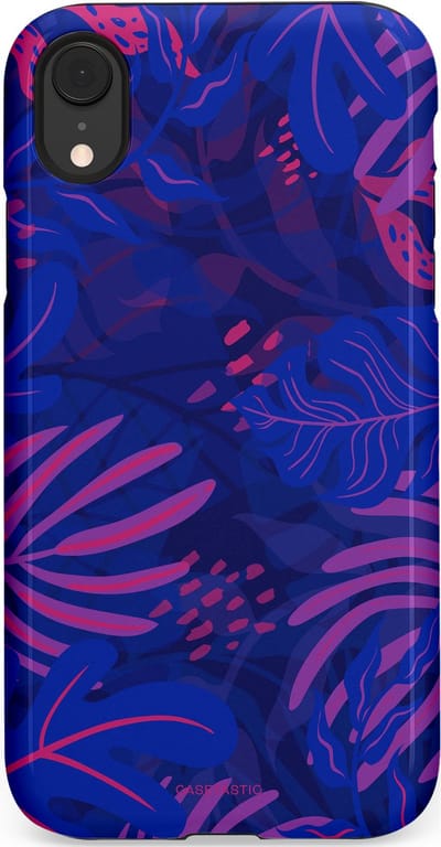 Casetastic hoesje geschikt voor Apple iPhone XR - Dubbellaagse bescherming - Neon jungle blad - Fashion Case - Donkerblauw Lavendel Roze