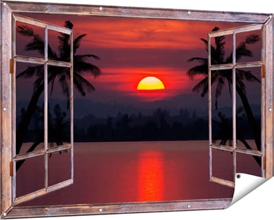 Gards Tuinposter Doorkijk Zonsondergang op het Strand met Palmbomen - 150x100 cm - Tuindoek - Tuindecoratie - Wanddecoratie buiten - Tuinschilderij