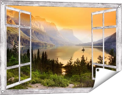 Gards Tuinposter Doorkijk Bergen met een Meer in Nationaal Park Glacier - 90x60 cm - Tuindoek - Tuindecoratie - Wanddecoratie buiten - Tuinschilderij