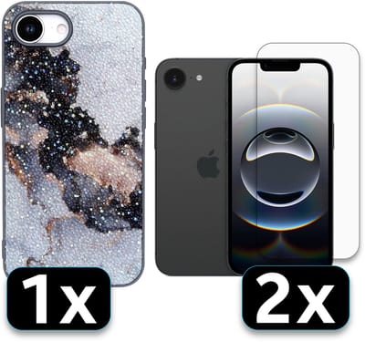 Casemania Hoesje Geschikt voor Apple iPhone 16e - Grijs - Marmer Diamant Glitter Back Cover / 2x Glazen Screenprotector