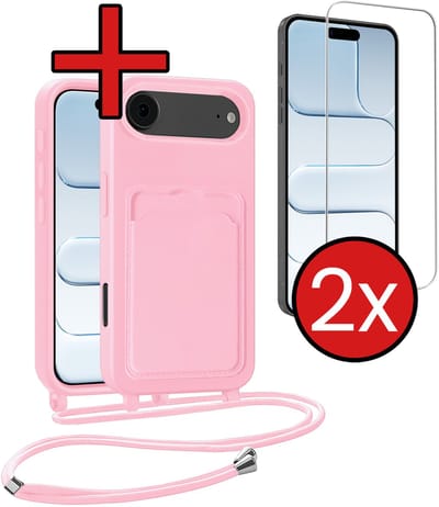 Hoesje Geschikt voor iPhone Air Hoesje Met Telefoonkoord en Pasjeshouder Met 2x Screenprotector Siliconen - Hoes Geschikt voor iPhone Air Hoesje Met Kaarthouder Case - Lichtroze