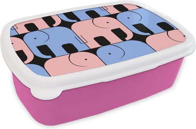 Broodtrommel Roze - Lunchbox - Brooddoos - Olifant - Lijn - Zwart - Patronen - 18x12x6 cm - Kinderen - Meisje