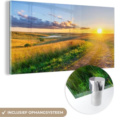 MuchoWow® Glasschilderij 40x20 cm - Schilderij acrylglas - Zon - Natuur - Landschap - Foto op glas - Schilderijen