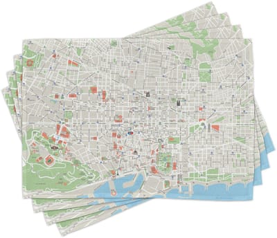 ABAKUHAUS Kaart-placematten, Straatkaart van Barcelona – wijken van belang, Tafeldecoratie van kleurvaste stoffen voor eetkamer en keuken, lindegroen, lichtblauw, beige