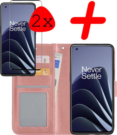 Hoesje Met 2x Screenprotector - Geschikt voor OnePlus 10 Pro - Luxe Pasjeshouder - Bookcase Portemonee - Flip Case - Kunstleer Book Case - Flipcase Hoes - Book Cover - Walletcase - Portemonneehoes - Rosé goud