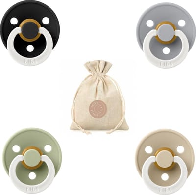 BIBS fopspenen T1 + speenzakje BolleToet - Glow in the dark black, vanilla, sage en cloud - 0-6 maanden