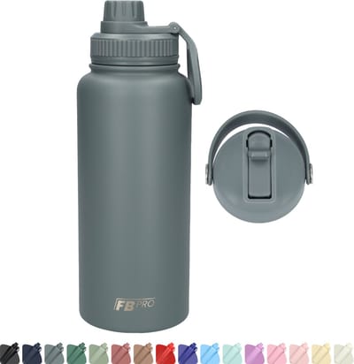 Thermos drinkfles 1 liter met extra dop - Isolerende Waterfles met draaibare drinktuit - Voor zowel warme als koude dranken! - Drinkfles 1L voor volwassenen met handvat - Afgewerkt met Poedercoating - Grijs