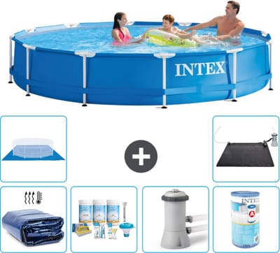 Intex Rond Frame Zwembad - 366 x 76 cm - Blauw - Inclusief Solarzeil - Onderhoudspakket - Zwembadfilterpomp - Filter - Grondzeil - Solar Mat - 7-delig