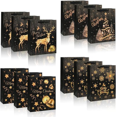 Omgoods - Kerst Cadeauzakken - Set van 12 Papieren Zakjes in Zwart en Goud