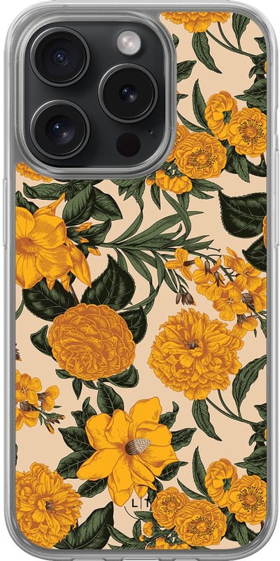 Hoesje geschikt voor iPhone 15 Pro - Retro flowers - 2in1 backcover - Bloemen - Geel - Leuke Telefoonhoesjes
