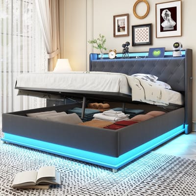 DESMIU Bed 140x200cm – Led Bed Met Meerkleurige Verlichting En Usb-Oplaadpoort – Hydraulische Opbergruimte – Voor Slaapkamer – Linnenlook – Zonder Matras – Grijs
