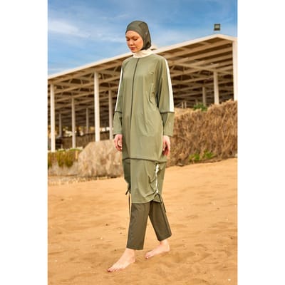 Kaki bescheiden badpak met volledige dekking - Islamitische Burkini-set