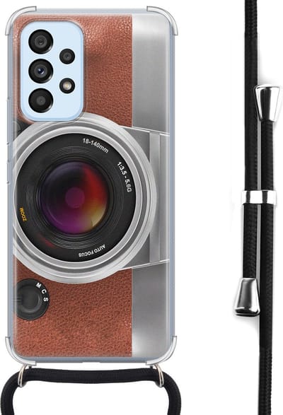 Hoesje met koord - Geschikt voor Samsung Galaxy A53 - Vintage camera - Verstelbaar zwart koord - Crossbody - Print / Illustratie - Bruin, Transparant - Leuke Telefoonhoesjes