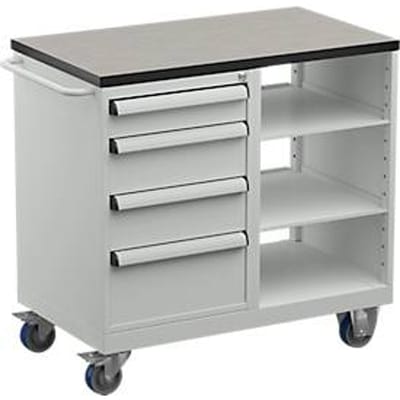 Treston TWIN 5 gereedschapswagen, vinyl bovenblad, tot 300 kg, 4 laden, 2 legborden, afsluitbaar, duwbeugel, staal, lichtgrijs RAL 7035