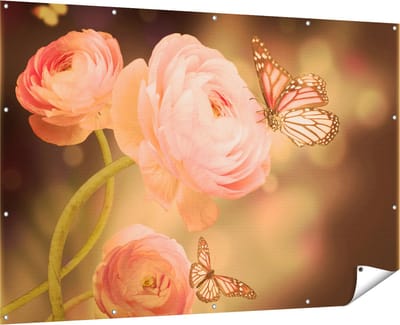 Gards Tuinposter Twee Roze Vlinders bij Roze Rozen - 180x120 cm - Tuindoek - Tuindecoratie - Wanddecoratie buiten - Tuinschilderij