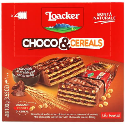 Chocoladewafels met chocoladevulling en Loacker vlokken 4x25g