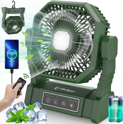 Camping Ventilator met LED Verlichting – Oplaadbare Tafelventilator – 10000mAh Accu – Afstandsbediening – 4 Snelheden & Time