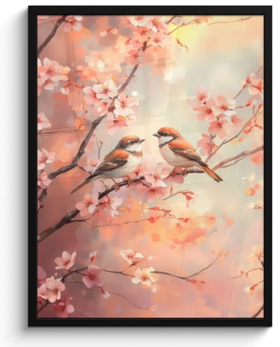 Poster in lijst - Fotolijst 50x70 cm - Posters - Vogels - Romantic - Bloesemtak - Posterlijst zwart - Decoratie - Wanddecoratie woonkamer - Muurdecoratie slaapkamer