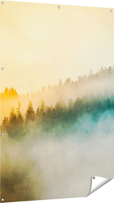Gards Tuinposter Kleurrijke Zonsopgang in het Bos met Mist - 100x150 cm - Tuindoek - Tuindecoratie - Wanddecoratie buiten - Tuinschilderij