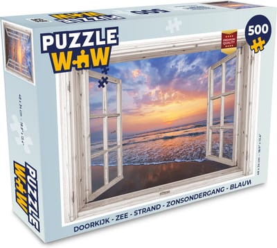 Puzzel Doorkijk - Zee - Strand - Zonsondergang - Blauw - Legpuzzel - Puzzel 500 stukjes