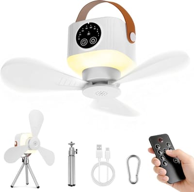 Plafondventilator met verlichting en 7200 mAh accu, geschikt voor binnen- en buitengebruik, stille oplaadbare draagbare ventilator van 35 dB, 3-in-1: campingventilator, bureauventilator, plafondventilator en draagbare ventilator.