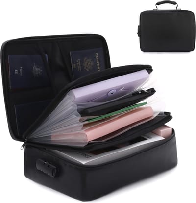 Vuurvaste documententas met slot, geïsoleerde aktetas met hittebestendigheid tot 2048 °F, waterdichte folder voor A4-documenten en papieren houder, ideaal voor veilig opslaan en transporteren van belangrijke documenten