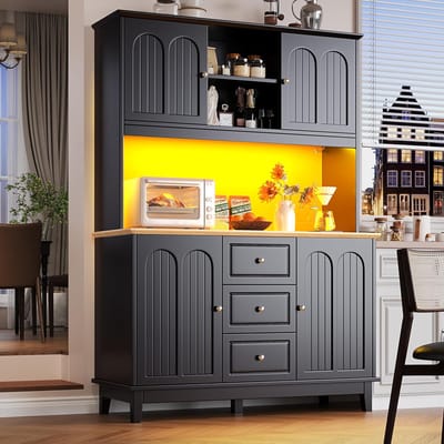 Modern XL Buffetkast met Ambiance Verlichting en Verstelbare Interieurplanken – Hoog Dressoir met 4 Deuren en 3 Laden – 120x40x180 cm – Zwart