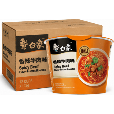 Bai Xiang Klassieke Umami Pittige Rundvlees Instant Noedels, 12 Bekers Volle Doos, 102 g Per Stuk