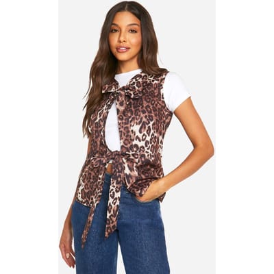 boohoo Dames Luipaard mouwloos vest met strikdetail | Bruin | Maat: 34